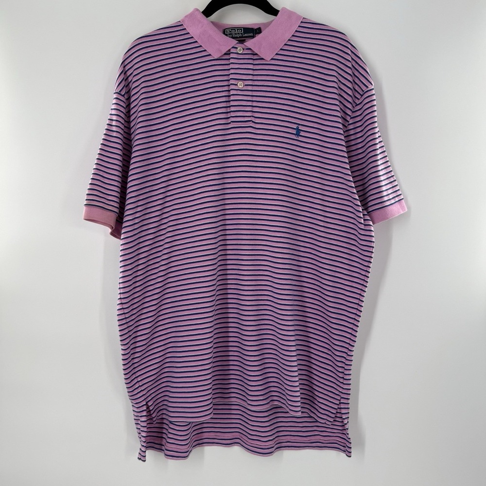 Polo Ralph Lauren Men's Size Large Polo Shirt Short Sleeve Pink Striped Cotton
